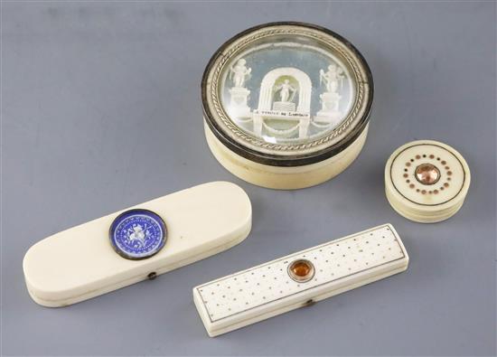 An early 19th century French ivory circular box, two late Georgian ivory toothpick cases and an ivory box containing tortoiseshell coun